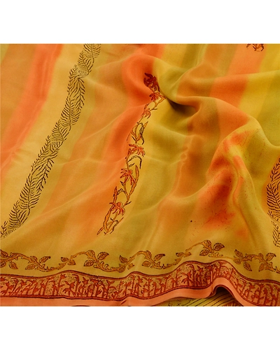 Sanskriti Vintage Yellow Sarees Pure Crepe Silk Printed Sari Craft 5 Yard Fabric, PRC-2070-Yellow-Printed Work With Floral Design-Pure Crepe Silk-4