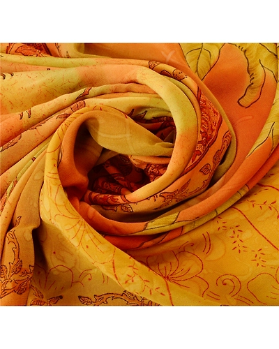 Sanskriti Vintage Yellow Sarees Pure Crepe Silk Printed Sari Craft 5 Yard Fabric, PRC-2070-Yellow-Printed Work With Floral Design-Pure Crepe Silk-5
