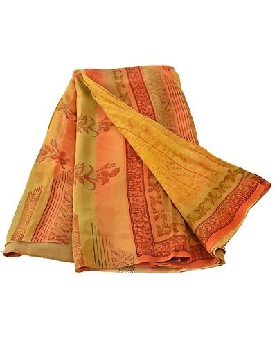 Sanskriti Vintage Yellow Sarees Pure Crepe Silk Printed Sari Craft 5 Yard Fabric, PRC-2070-Yellow-Printed Work With Floral Design-Pure Crepe Silk-6