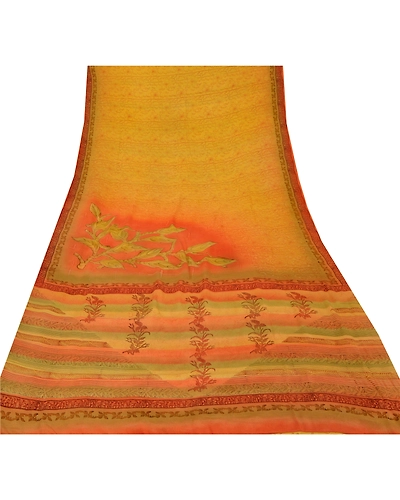 Sanskriti Vintage Yellow Sarees Pure Crepe Silk Printed Sari Craft 5 Yard Fabric, PRC-2070-Yellow-Printed Work With Floral Design-Pure Crepe Silk-7
