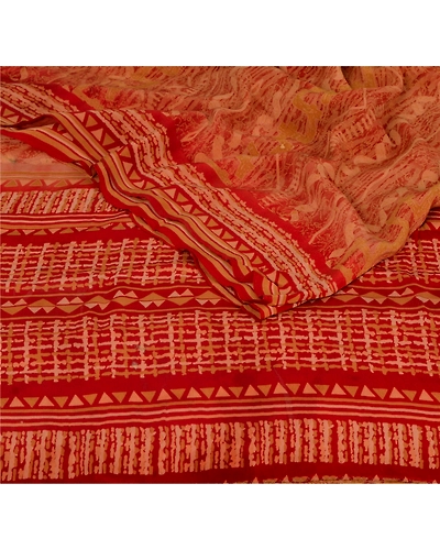 Sanskriti Vintage Dark Red Sarees 100% Pure Crepe Silk Printed Sari 5 Yd Fabric, PRC-2144-Dark Red-Printed Work With Floral &amp; Abstract Design-Pure Crepe Silk-2