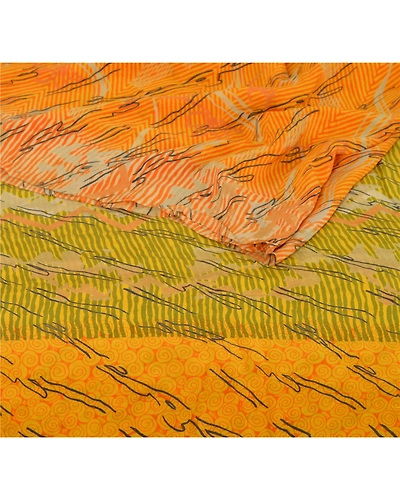 Sanskriti Vintage Yellow Sarees 100% Pure Crepe Silk Printed Sari 5 Yard Fabric, PRC-2575-Yellow-Printed Floral-Pure Crepe Silk-2