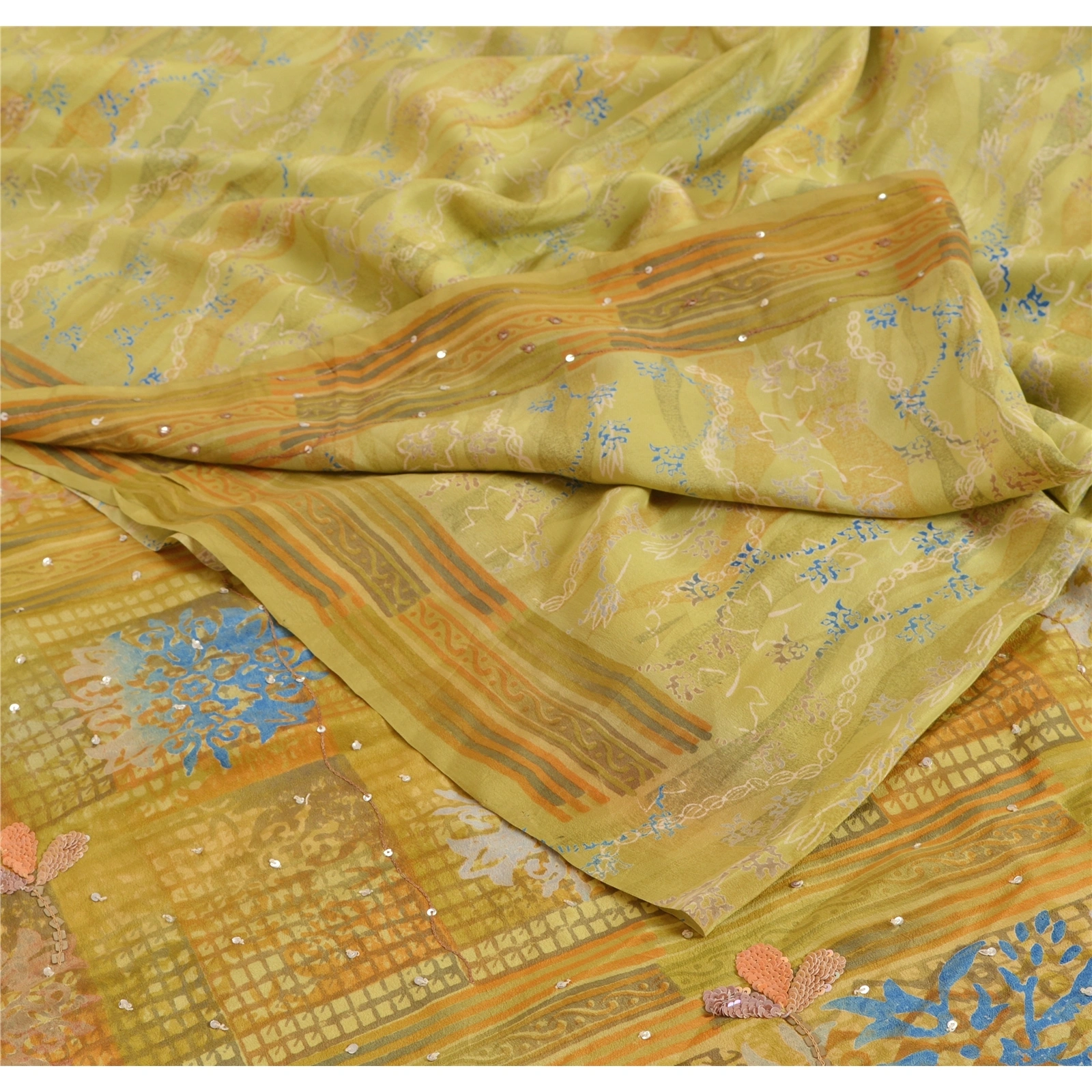 Sanskriti Vintage Indian Sarees Printed Pure Crepe Silk Sari Craft Soft Fabric, PRC-3161-Green-Printed Floral Design-Pure Crepe Silk-3