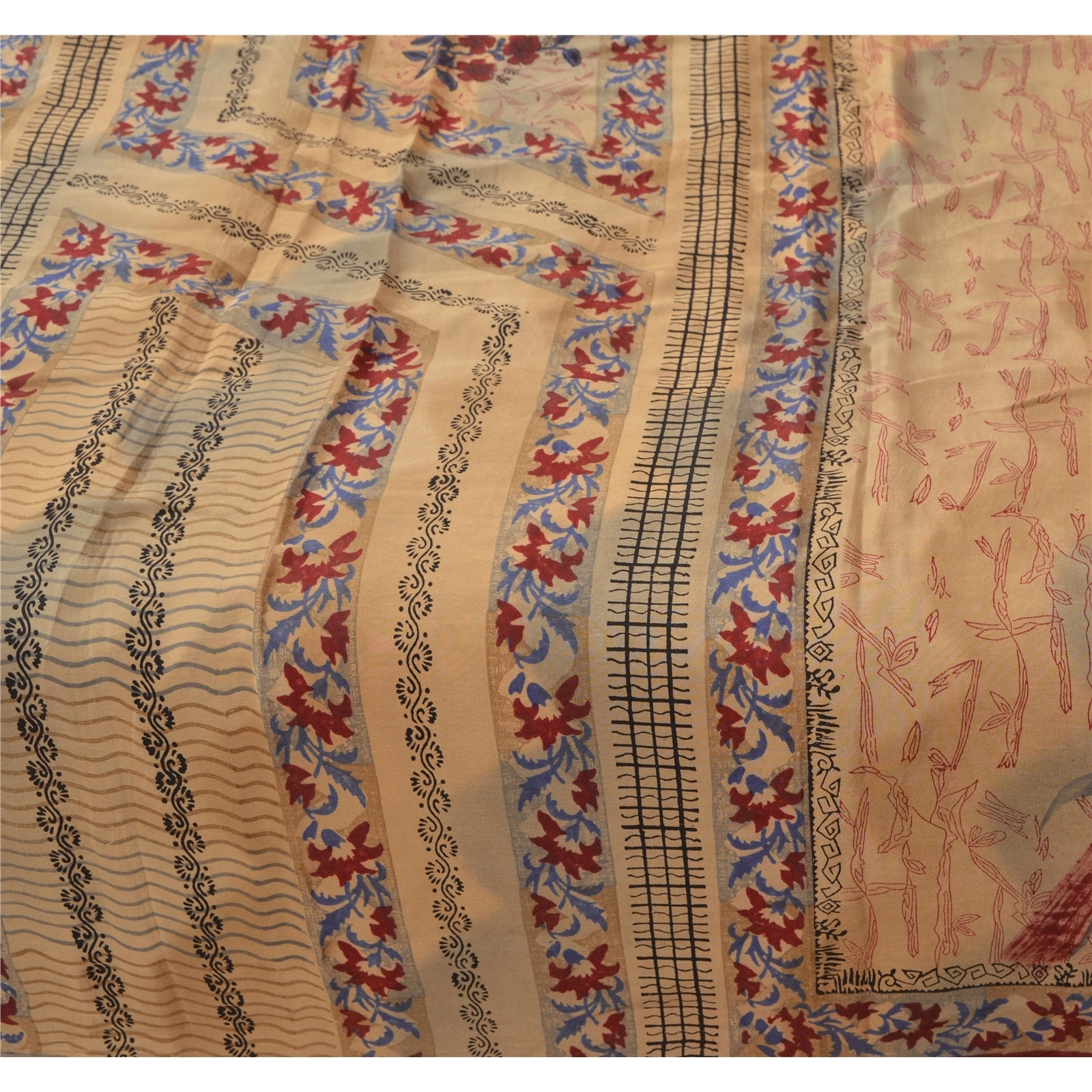 Sanskriti Vintage Printed Pure Crepe Silk Sarees Dress Making Sari Craft Fabric, PRC-3188-Cream-Printed Floral-Pure Crepe Silk-1