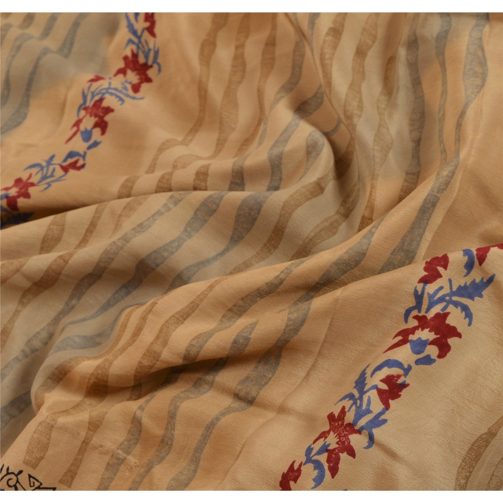 Sanskriti Vintage Printed Pure Crepe Silk Sarees Dress Making Sari Craft Fabric, PRC-3188-Cream-Printed Floral-Pure Crepe Silk-5