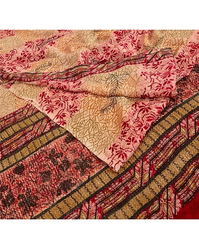 Sanskriti Vintage Printed 100% Pure Crepe Silk Sarees Cream Sari Craft Fabric, PRC-3548-Cream-Printed Floral-Pure Crepe Silk-3