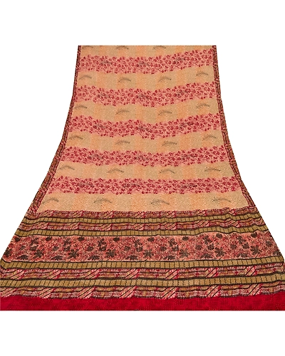 Sanskriti Vintage Printed 100% Pure Crepe Silk Sarees Cream Sari Craft Fabric, PRC-3548-Cream-Printed Floral-Pure Crepe Silk-8