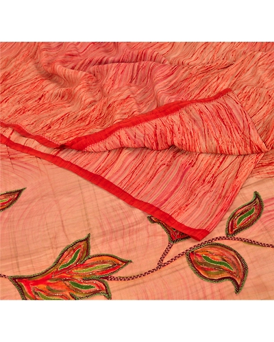 Sanskriti Vintage Printed Pure Crepe Silk Sarees Peach Dress Sari Craft Fabric, PRC-3747-Peach-Printed Floral-Pure Crepe Silk-3