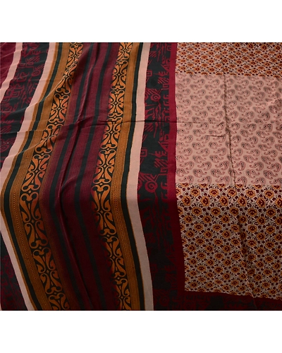 Sanskriti Vintage Indian Printed Pure Crepe Silk Sarees Craft Soft Sari Fabric, PRC-3828-Peach-Printed Floral &amp; Paisley Design-Pure Crepe Silk-1