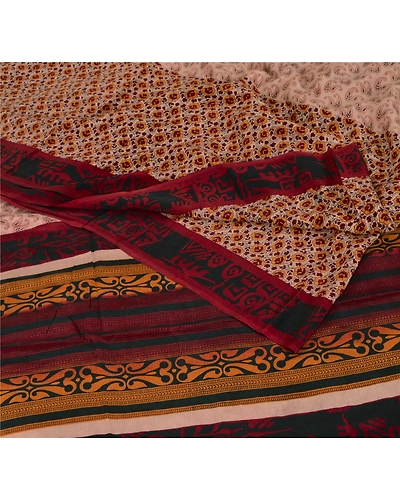 Sanskriti Vintage Indian Printed Pure Crepe Silk Sarees Craft Soft Sari Fabric, PRC-3828-Peach-Printed Floral &amp; Paisley Design-Pure Crepe Silk-3