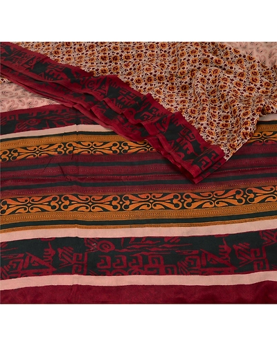 Sanskriti Vintage Indian Printed Pure Crepe Silk Sarees Craft Soft Sari Fabric, PRC-3828-Peach-Printed Floral &amp; Paisley Design-Pure Crepe Silk-4