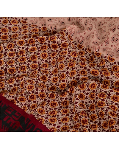 Sanskriti Vintage Indian Printed Pure Crepe Silk Sarees Craft Soft Sari Fabric, PRC-3828-Peach-Printed Floral &amp; Paisley Design-Pure Crepe Silk-5