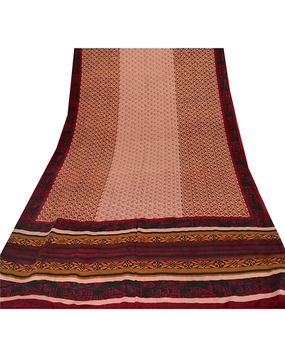 Sanskriti Vintage Indian Printed Pure Crepe Silk Sarees Craft Soft Sari Fabric, PRC-3828-Peach-Printed Floral &amp; Paisley Design-Pure Crepe Silk-8