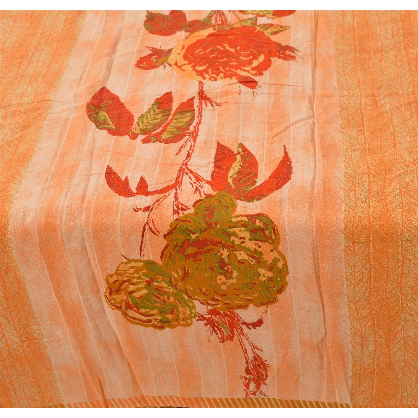 Sanskriti Vintage Printed Pure Crepe Silk Sarees Dress Making Sari Craft Fabric, PRC-4035-Orange-Printed Floral &amp; Abstract Design-Pure Crepe Silk-1