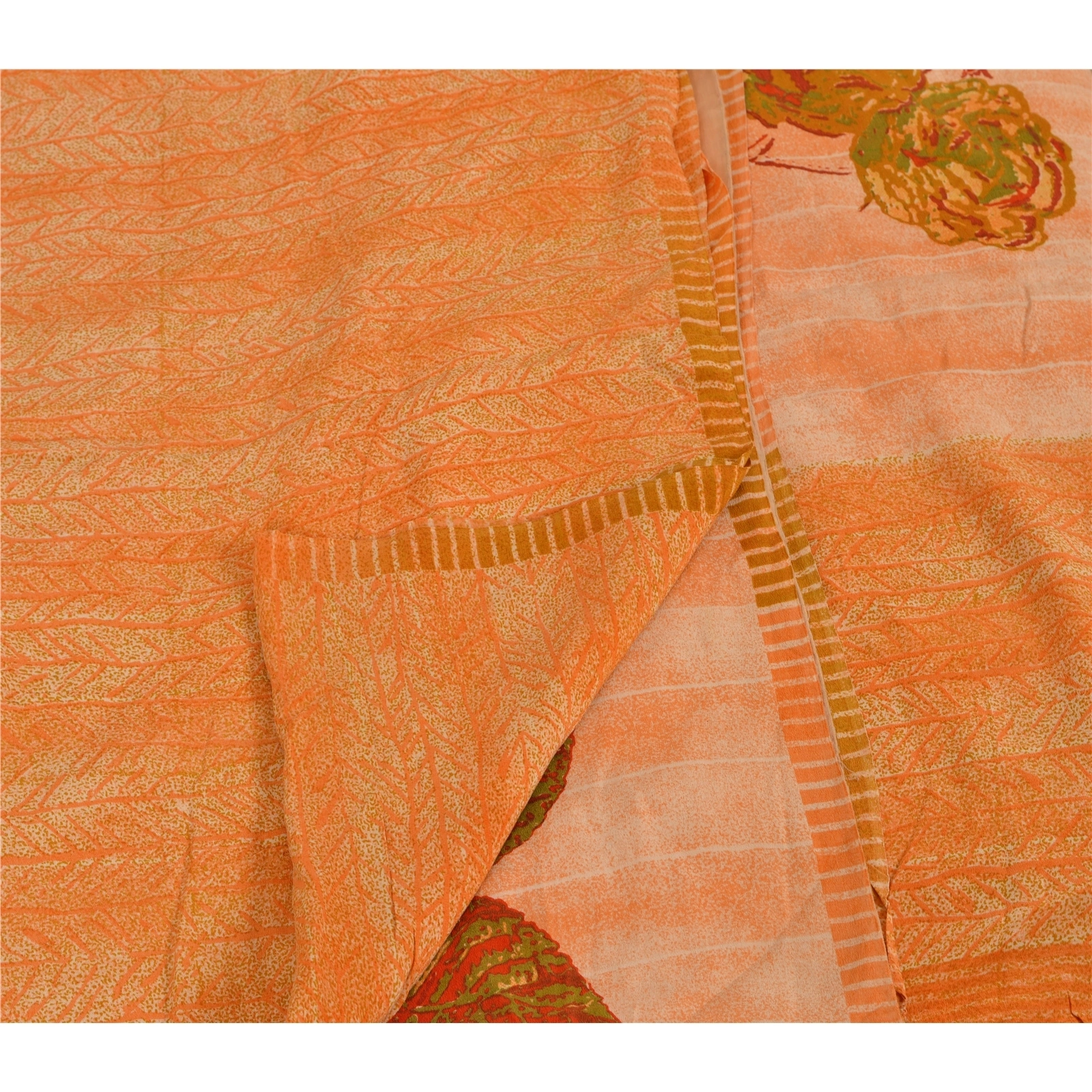 Sanskriti Vintage Printed Pure Crepe Silk Sarees Dress Making Sari Craft Fabric, PRC-4035-Orange-Printed Floral &amp; Abstract Design-Pure Crepe Silk-2