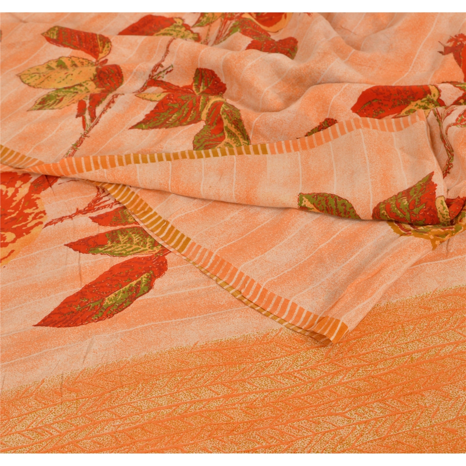 Sanskriti Vintage Printed Pure Crepe Silk Sarees Dress Making Sari Craft Fabric, PRC-4035-Orange-Printed Floral &amp; Abstract Design-Pure Crepe Silk-3