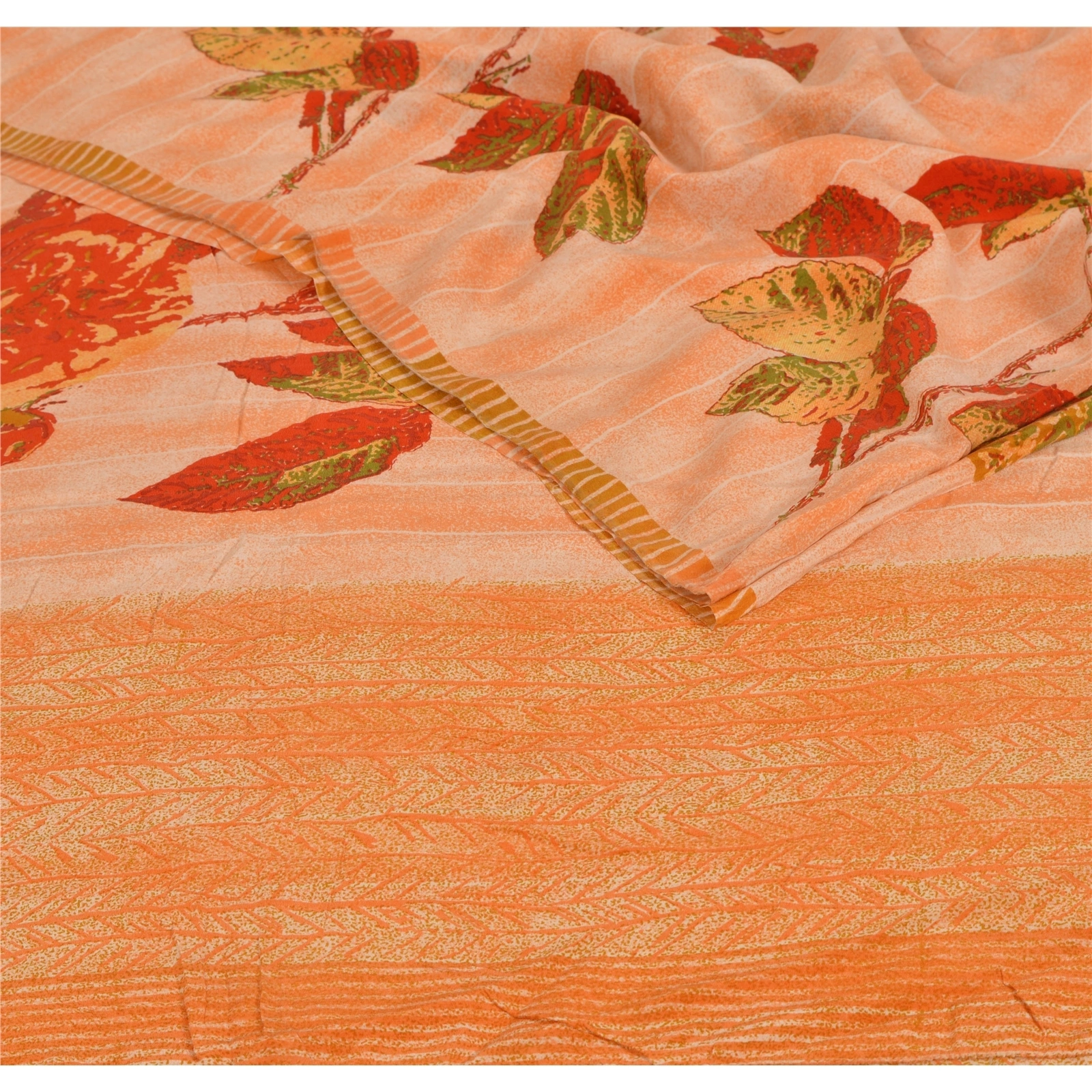 Sanskriti Vintage Printed Pure Crepe Silk Sarees Dress Making Sari Craft Fabric, PRC-4035-Orange-Printed Floral &amp; Abstract Design-Pure Crepe Silk-4