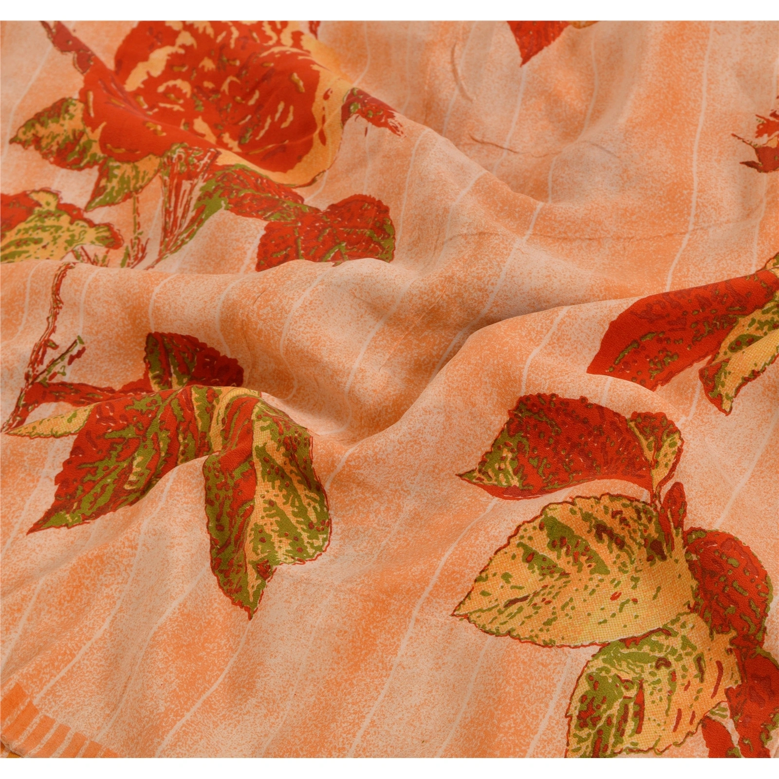 Sanskriti Vintage Printed Pure Crepe Silk Sarees Dress Making Sari Craft Fabric, PRC-4035-Orange-Printed Floral &amp; Abstract Design-Pure Crepe Silk-5