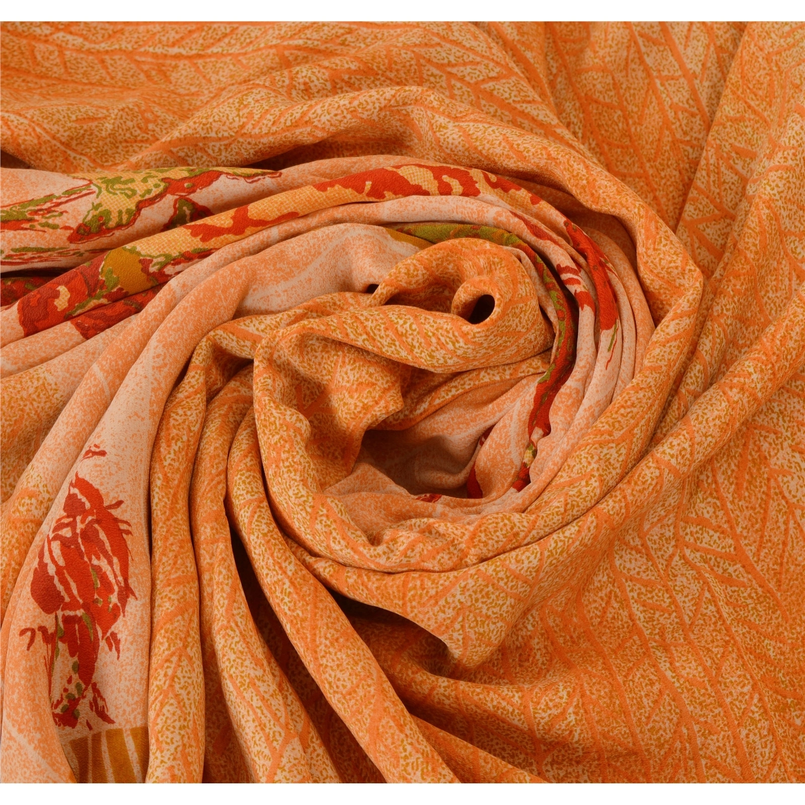 Sanskriti Vintage Printed Pure Crepe Silk Sarees Dress Making Sari Craft Fabric, PRC-4035-Orange-Printed Floral &amp; Abstract Design-Pure Crepe Silk-6