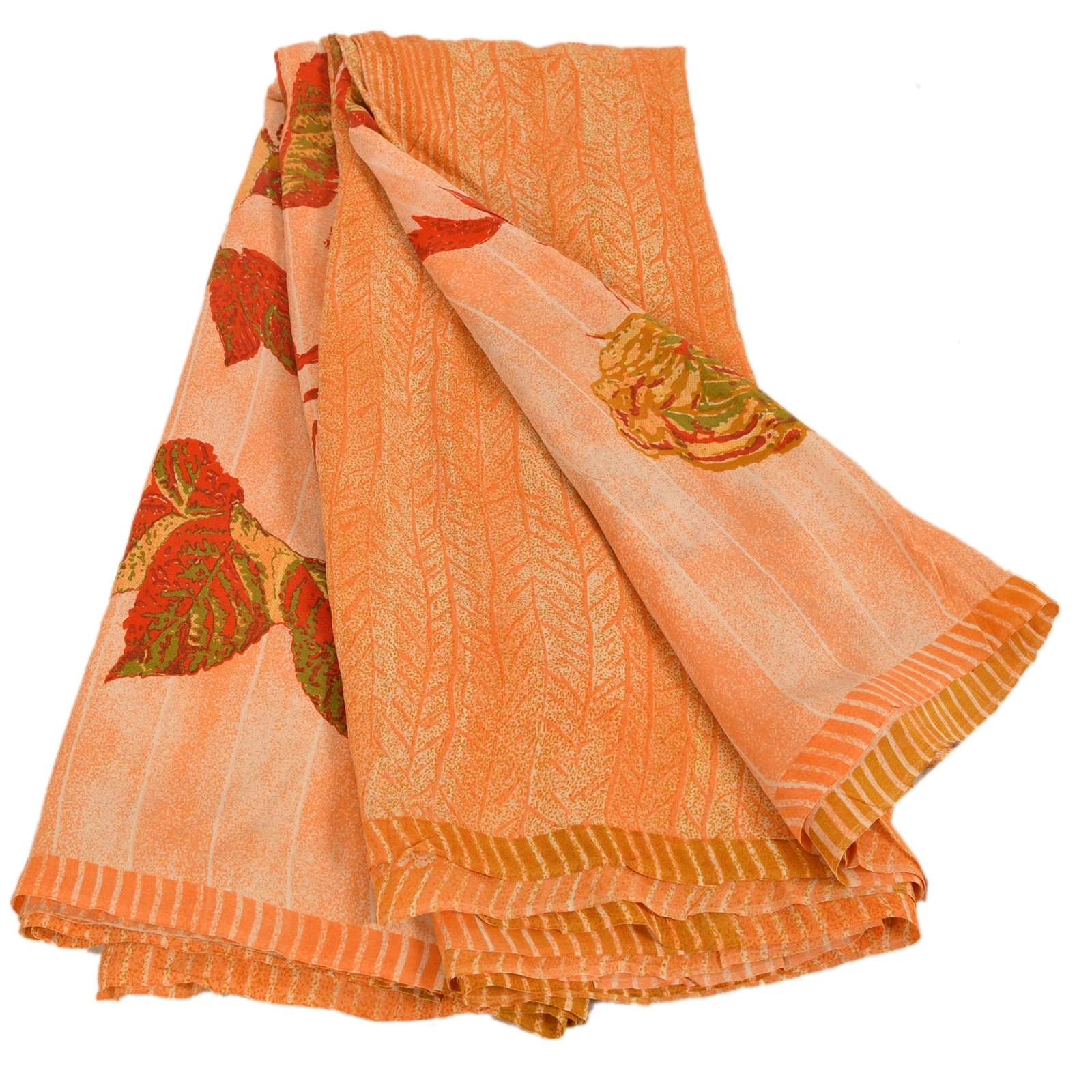 Sanskriti Vintage Printed Pure Crepe Silk Sarees Dress Making Sari Craft Fabric, PRC-4035-Orange-Printed Floral &amp; Abstract Design-Pure Crepe Silk-7