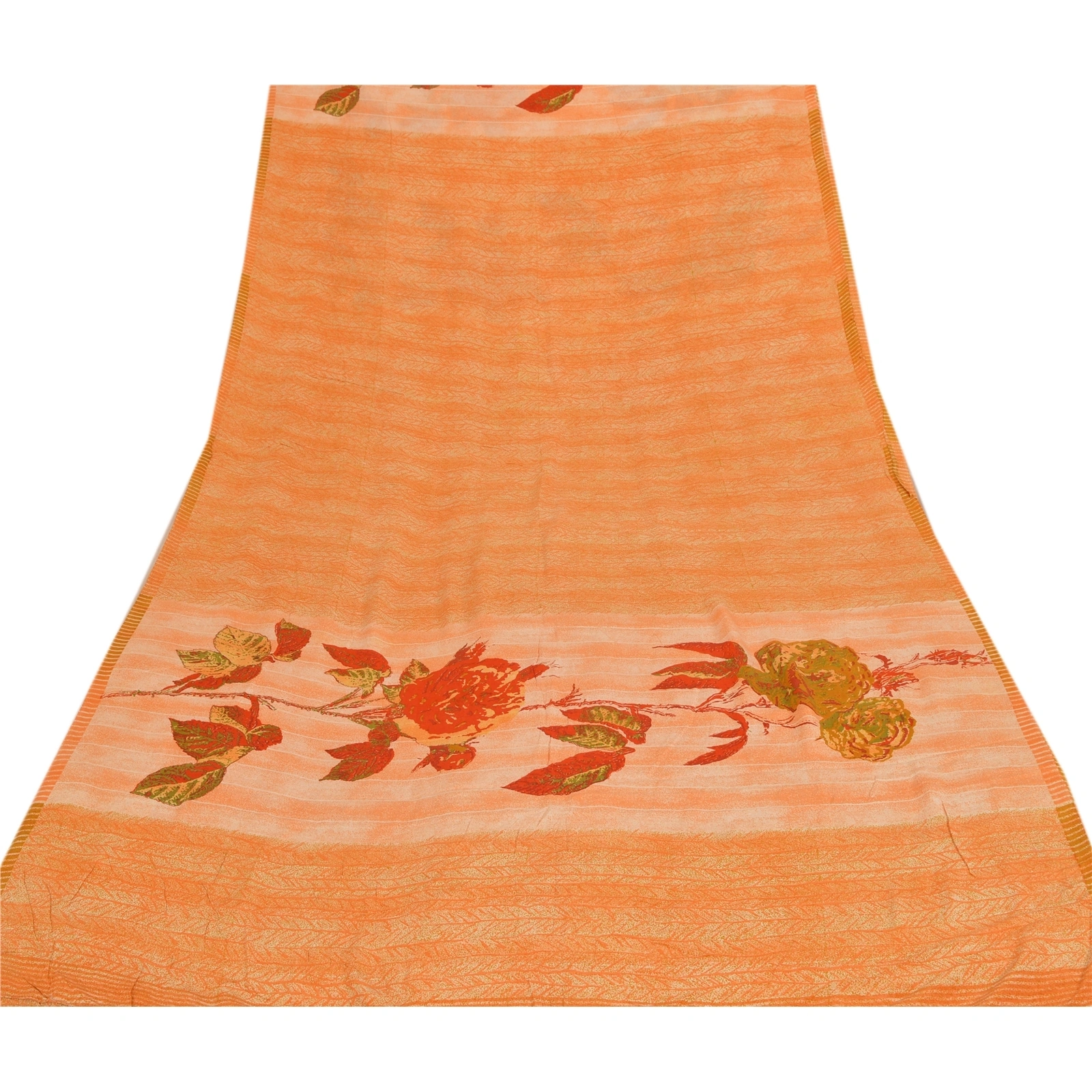 Sanskriti Vintage Printed Pure Crepe Silk Sarees Dress Making Sari Craft Fabric, PRC-4035-Orange-Printed Floral &amp; Abstract Design-Pure Crepe Silk-8