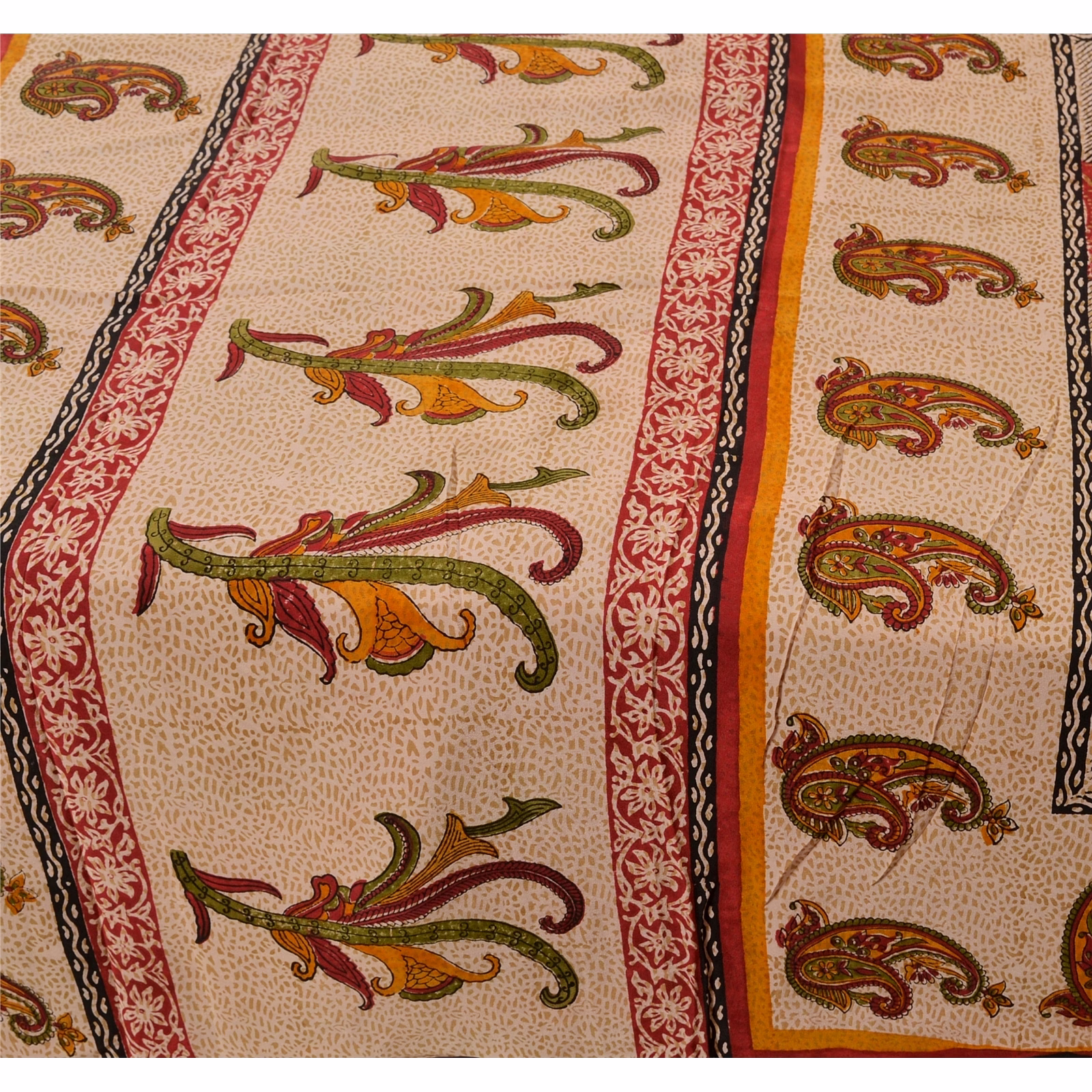 Sanskriti Vintage Cream Sarees Pure Crepe Silk Printed Sari Craft Soft Fabric, PRC-4800 image 1
