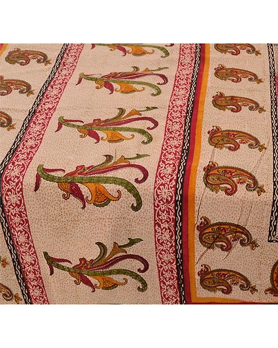 Sanskriti Vintage Cream Sarees Pure Crepe Silk Printed Sari Craft Soft Fabric, PRC-4800-Cream-Printed Floral &amp; Paisley Design-Pure Crepe Silk-1