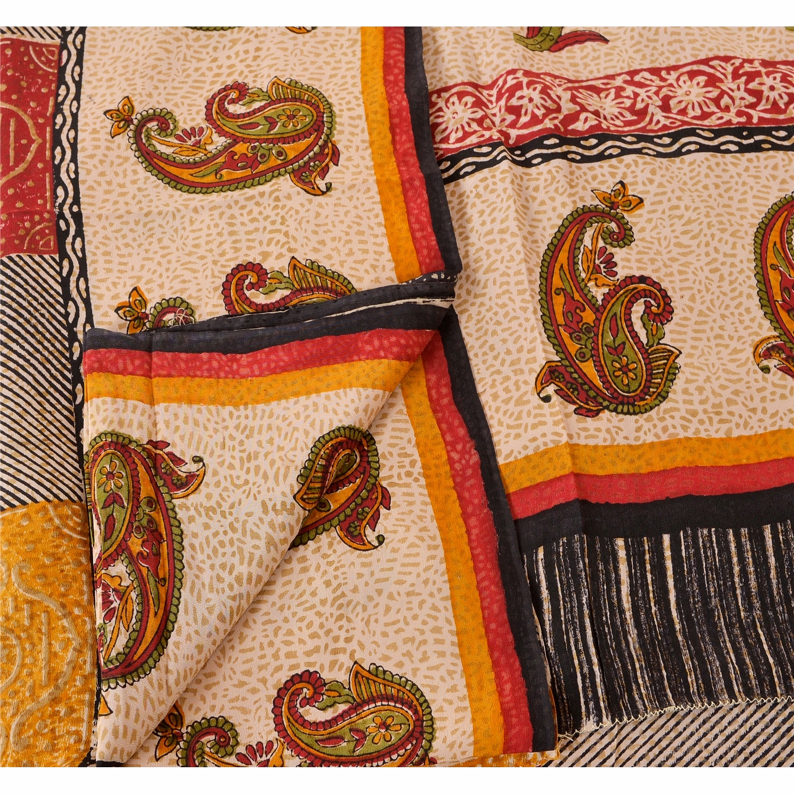 Sanskriti Vintage Cream Sarees Pure Crepe Silk Printed Sari Craft Soft Fabric, PRC-4800 image 2