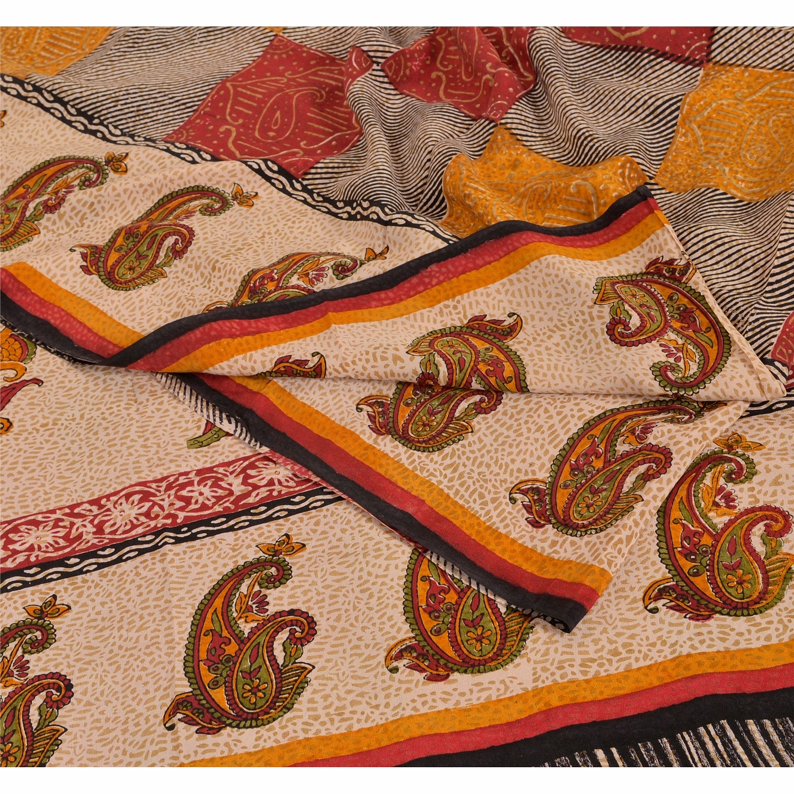 Sanskriti Vintage Cream Sarees Pure Crepe Silk Printed Sari Craft Soft Fabric, PRC-4800 image 3
