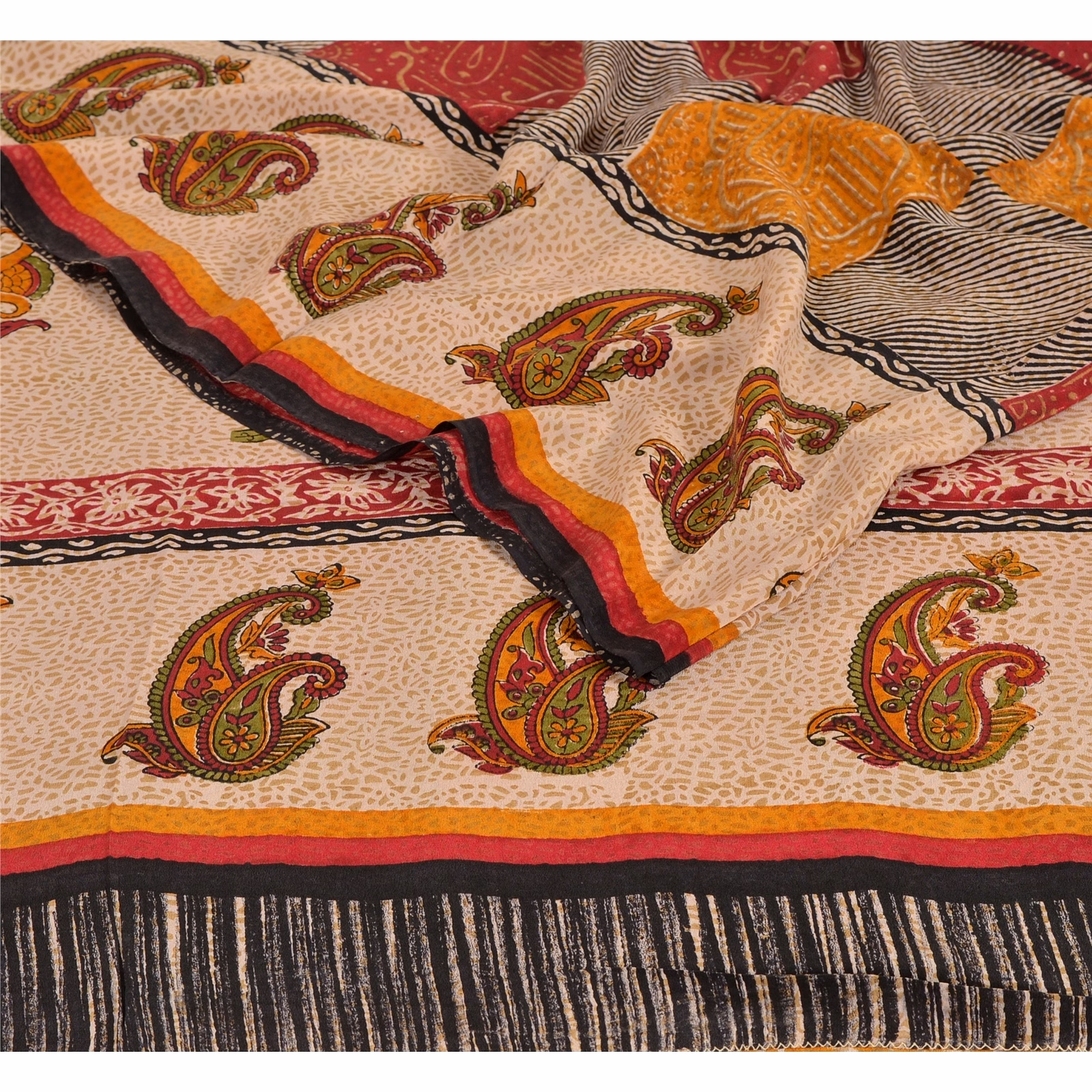Sanskriti Vintage Cream Sarees Pure Crepe Silk Printed Sari Craft Soft Fabric, PRC-4800 image 4