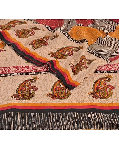 Sanskriti Vintage Cream Sarees Pure Crepe Silk Printed Sari Craft Soft Fabric, PRC-4800-Cream-Printed Floral &amp; Paisley Design-Pure Crepe Silk-4