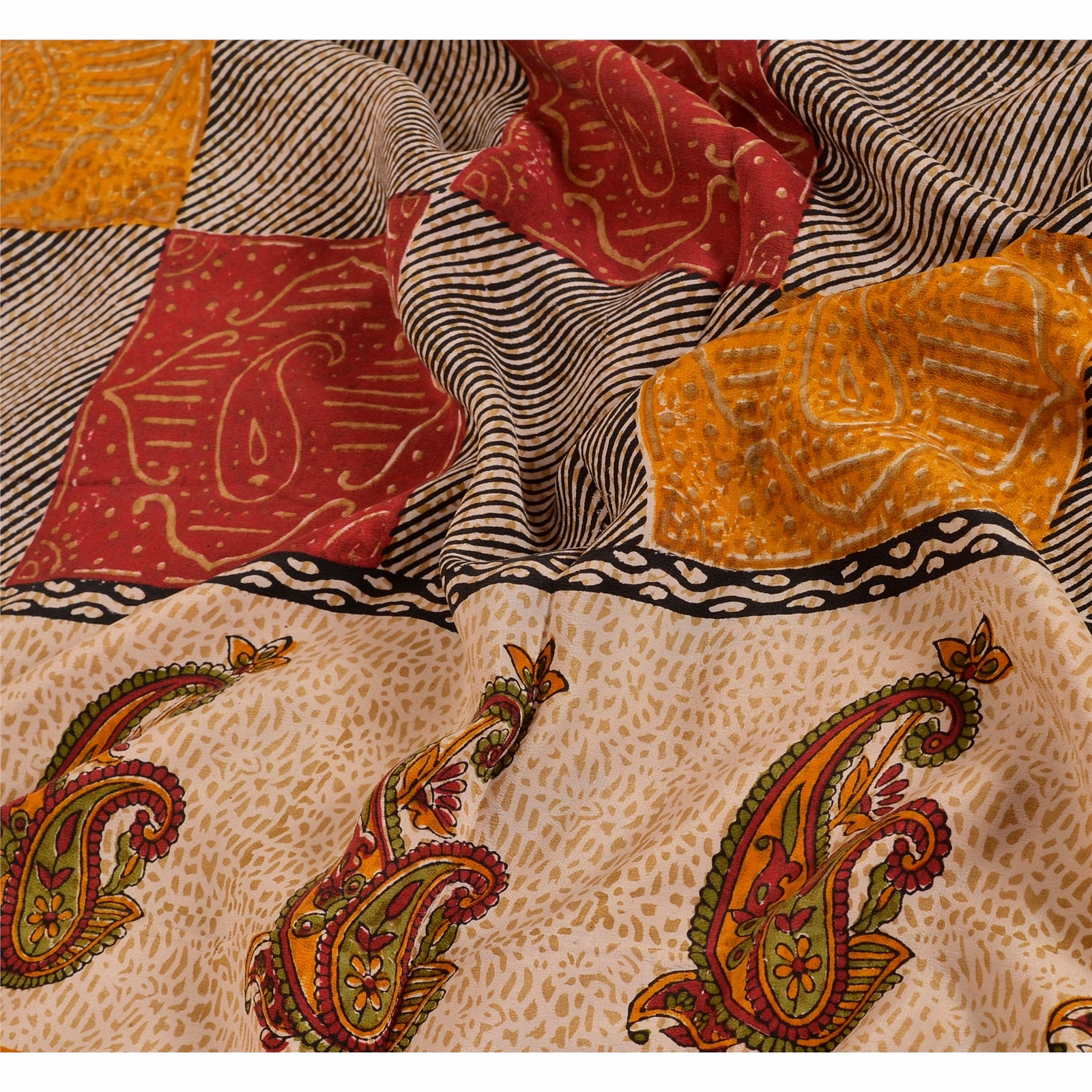 Sanskriti Vintage Cream Sarees Pure Crepe Silk Printed Sari Craft Soft Fabric, PRC-4800 image 5