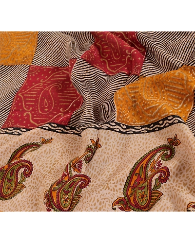 Sanskriti Vintage Cream Sarees Pure Crepe Silk Printed Sari Craft Soft Fabric, PRC-4800-Cream-Printed Floral &amp; Paisley Design-Pure Crepe Silk-5