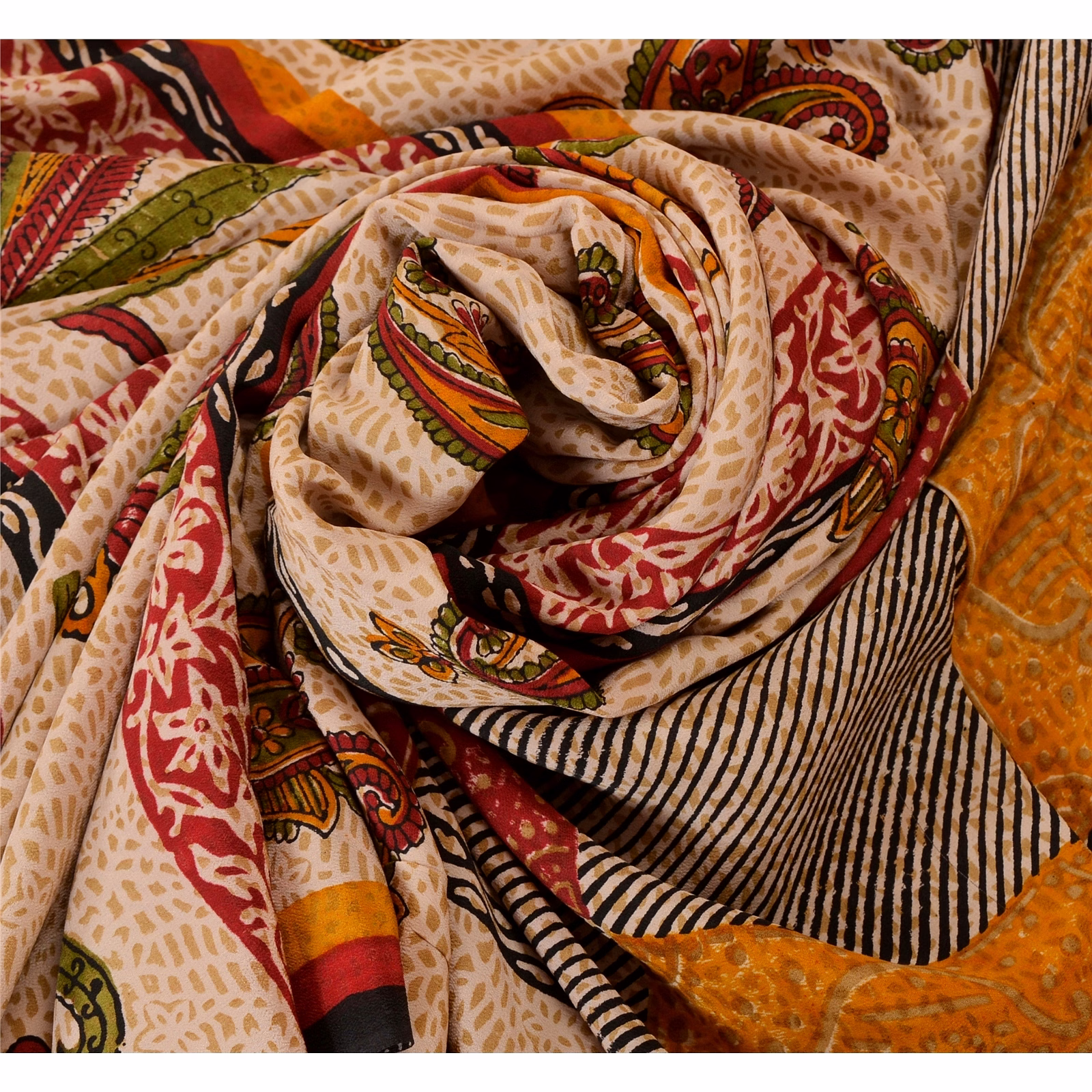 Sanskriti Vintage Cream Sarees Pure Crepe Silk Printed Sari Craft Soft Fabric, PRC-4800 image 6