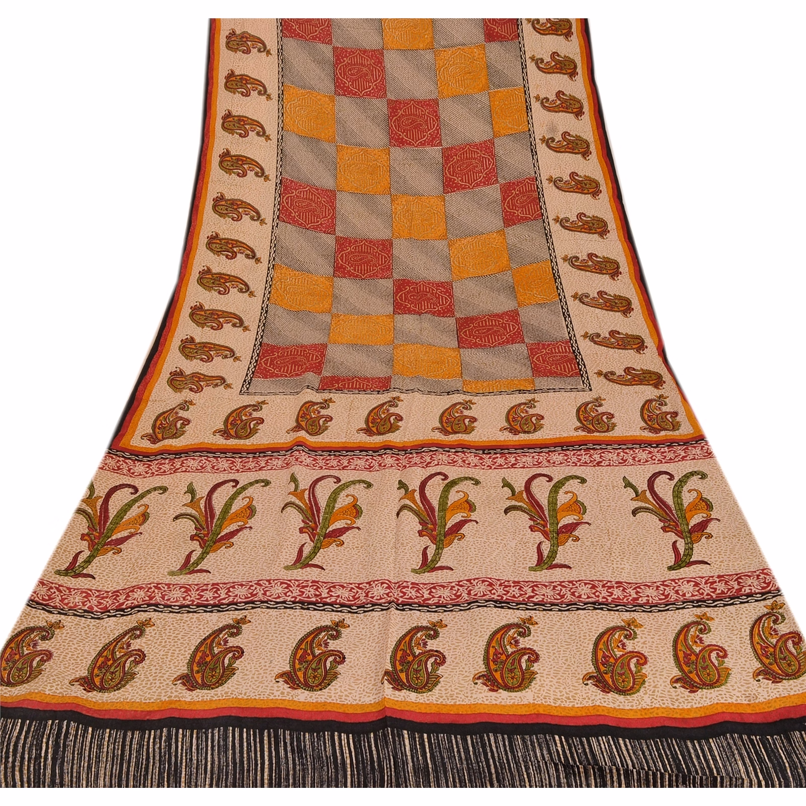 Sanskriti Vintage Cream Sarees Pure Crepe Silk Printed Sari Craft Soft Fabric, PRC-4800 image 8