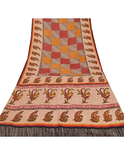 Sanskriti Vintage Cream Sarees Pure Crepe Silk Printed Sari Craft Soft Fabric, PRC-4800-Cream-Printed Floral &amp; Paisley Design-Pure Crepe Silk-8