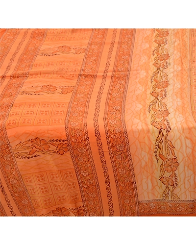 Sanskriti Vintage Peach Sarees Pure Crepe Silk Printed Sari 5 Yd Craft Fabric, PRC-4992-Peach-Printed Floral-Pure Crepe Silk-1