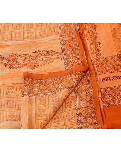 Sanskriti Vintage Peach Sarees Pure Crepe Silk Printed Sari 5 Yd Craft Fabric, PRC-4992-Peach-Printed Floral-Pure Crepe Silk-2