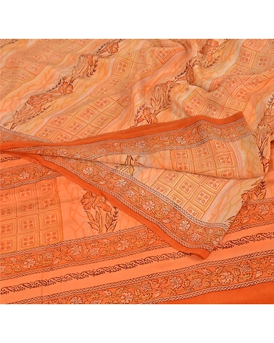 Sanskriti Vintage Peach Sarees Pure Crepe Silk Printed Sari 5 Yd Craft Fabric, PRC-4992-Peach-Printed Floral-Pure Crepe Silk-3