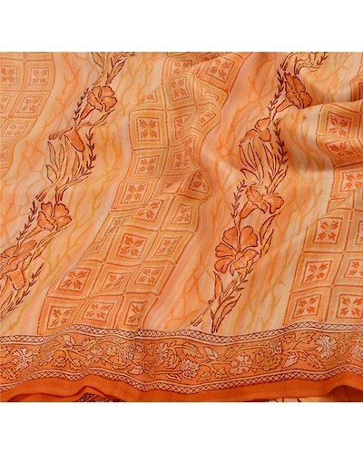 Sanskriti Vintage Peach Sarees Pure Crepe Silk Printed Sari 5 Yd Craft Fabric, PRC-4992-Peach-Printed Floral-Pure Crepe Silk-5