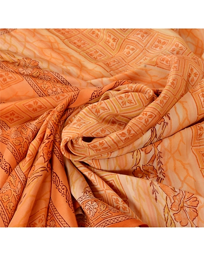 Sanskriti Vintage Peach Sarees Pure Crepe Silk Printed Sari 5 Yd Craft Fabric, PRC-4992-Peach-Printed Floral-Pure Crepe Silk-6