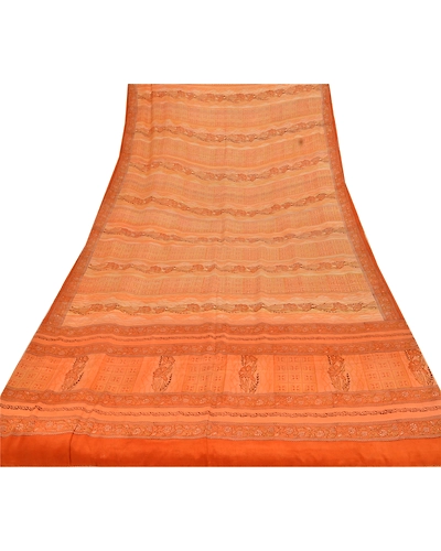 Sanskriti Vintage Peach Sarees Pure Crepe Silk Printed Sari 5 Yd Craft Fabric, PRC-4992-Peach-Printed Floral-Pure Crepe Silk-8