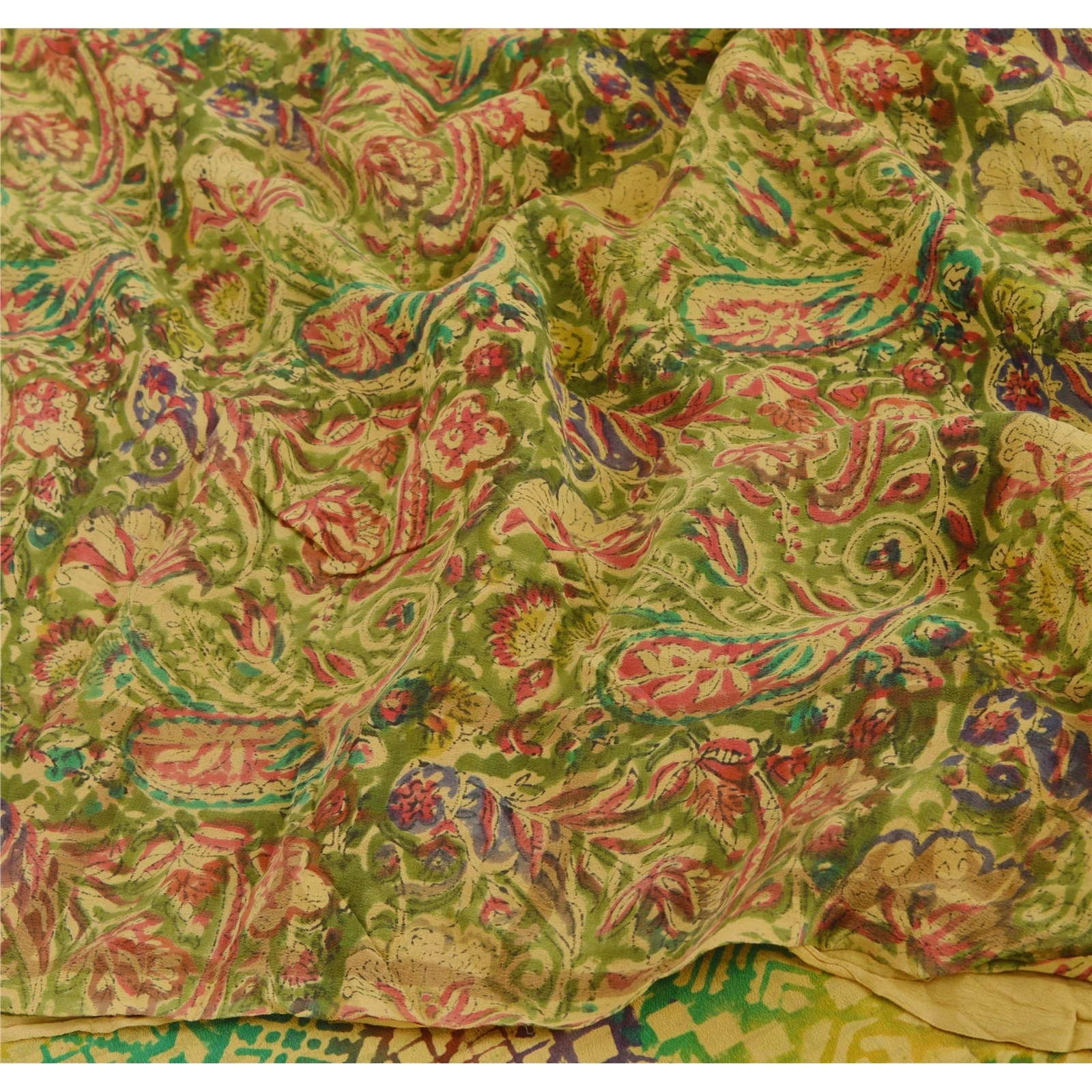 Sanskriti Vintage Grün Saree 100 % Reine Crepe Silk Gewebe Gedruckt Sari Handwerk, PRC-6649-Green-Printed Floral-Pure Crepe Silk-4