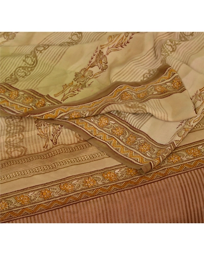 Sanskriti Vintage Cream Sarees 100% Pure Crepe Silk Printed Sari Craft Fabric, PRC-8099-Cream-Printed Floral-Pure Crepe Silk-1