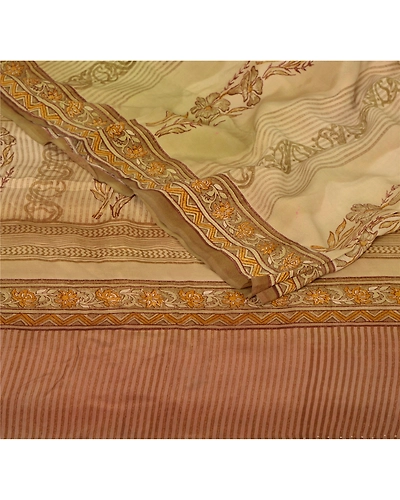 Sanskriti Vintage Cream Sarees 100% Pure Crepe Silk Printed Sari Craft Fabric, PRC-8099-Cream-Printed Floral-Pure Crepe Silk-2