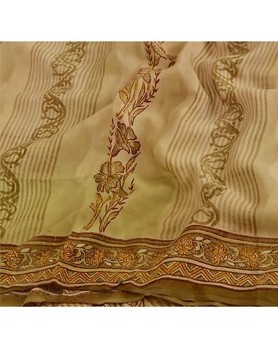 Sanskriti Vintage Cream Sarees 100% Pure Crepe Silk Printed Sari Craft Fabric, PRC-8099-Cream-Printed Floral-Pure Crepe Silk-4