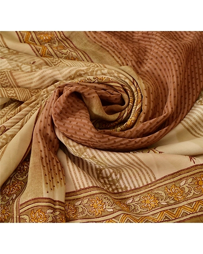 Sanskriti Vintage Cream Sarees 100% Pure Crepe Silk Printed Sari Craft Fabric, PRC-8099-Cream-Printed Floral-Pure Crepe Silk-5