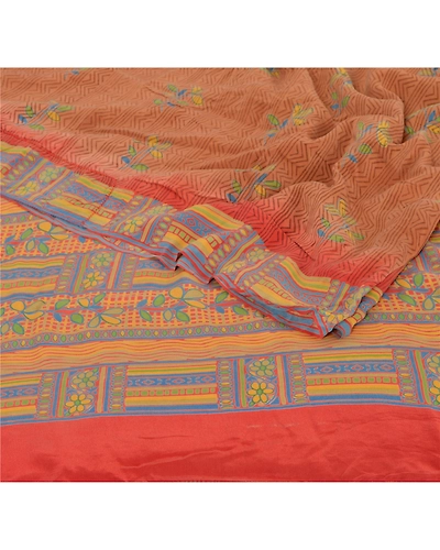 Sanskriti Vintage Brown Sarees Pure Crepe Silk Printed Sari Craft 5 Yard Fabric, PRC-892-Brown-Printed Floral-Pure Crepe Silk-2