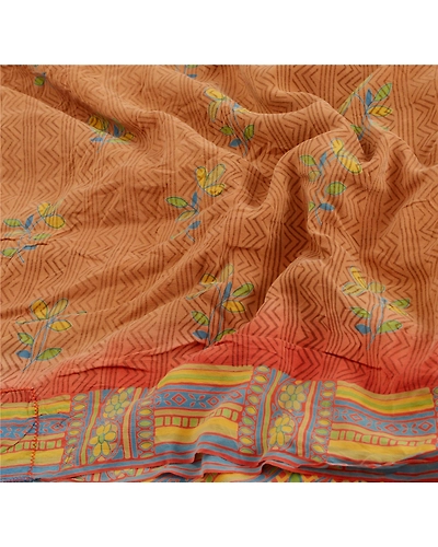 Sanskriti Vintage Brown Sarees Pure Crepe Silk Printed Sari Craft 5 Yard Fabric, PRC-892-Brown-Printed Floral-Pure Crepe Silk-4
