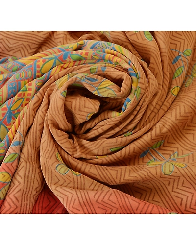 Sanskriti Vintage Brown Sarees Pure Crepe Silk Printed Sari Craft 5 Yard Fabric, PRC-892-Brown-Printed Floral-Pure Crepe Silk-5